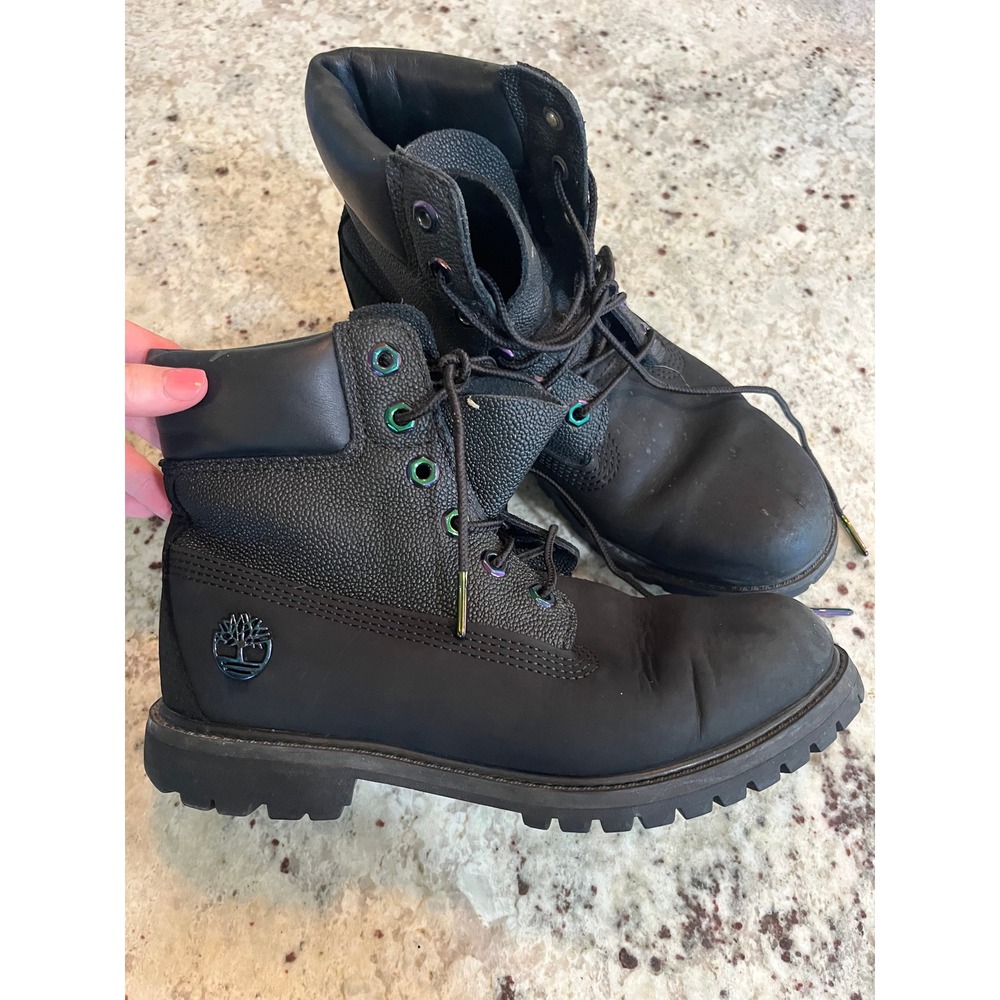 Timberland 6 Inch Premium Black Nubuck Iridescent Eyelet Boots A1I8E Womens 7.5